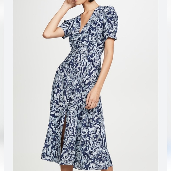 Saloni Lea Blue/White Wildlife Print Silk Button Front Midi Dress Size 4 - Picture 1 of 16